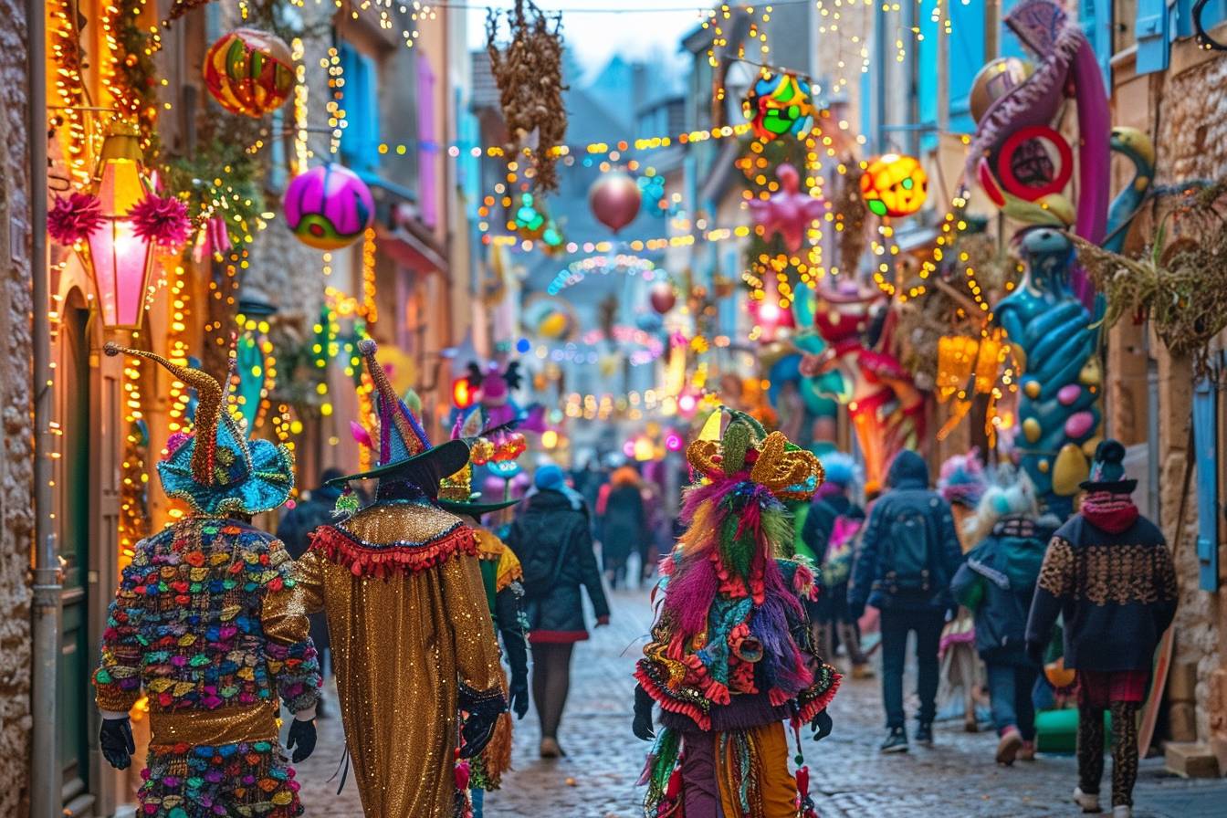 Participants joyeux lors d'un festival de rue illuminé à Angers, célébrant la fête avec des spectacles de magie et des décorations colorées